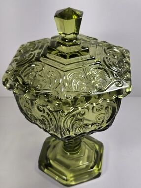 Vintage Imperial Glass Atterbury Scroll Compote Pedestal 9" Candy Dish w/ Lid